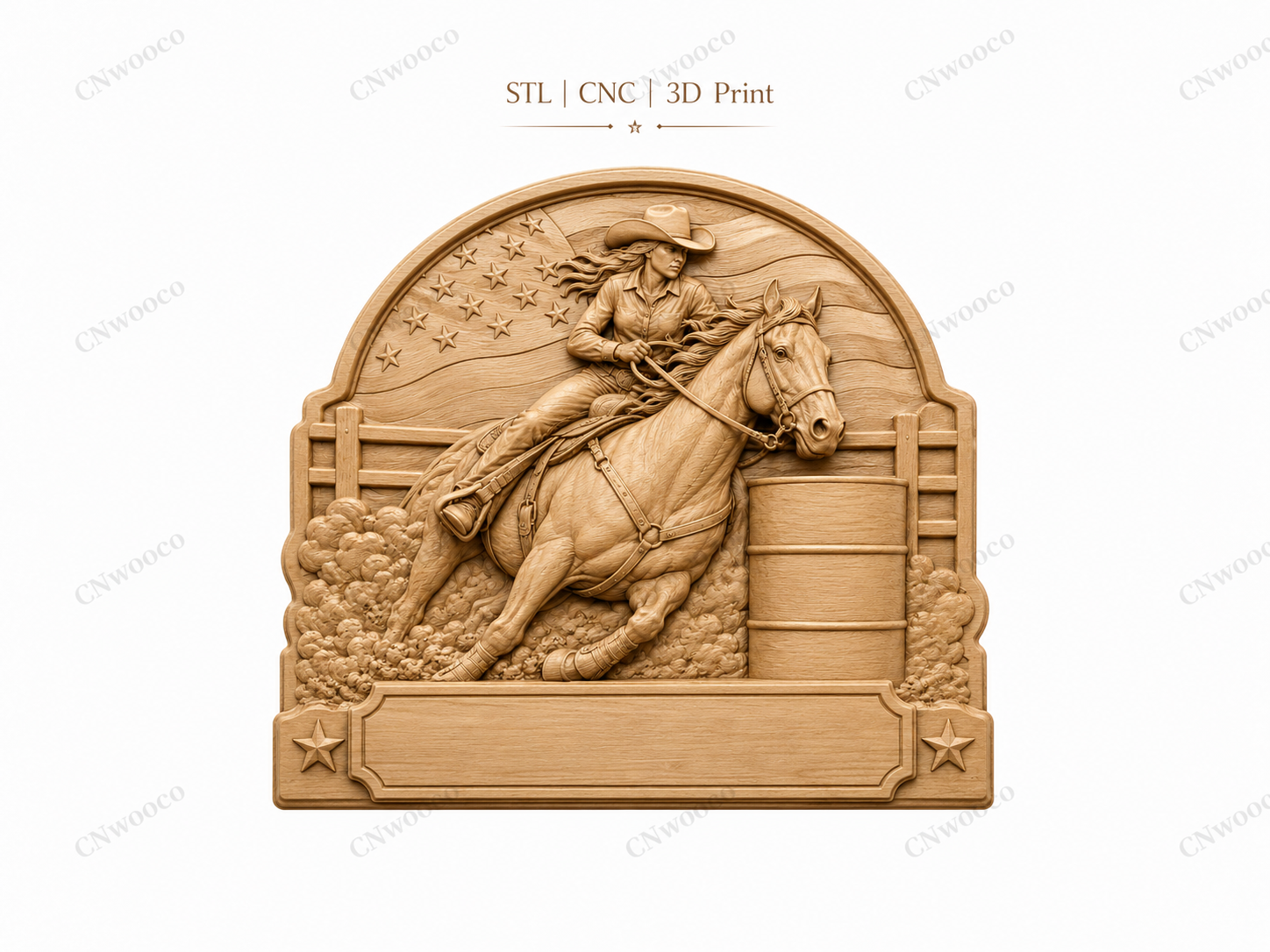 CNC & impression 3D relief cowgirl barrel racing à personnaliser, cheval western, STL très haute qualité