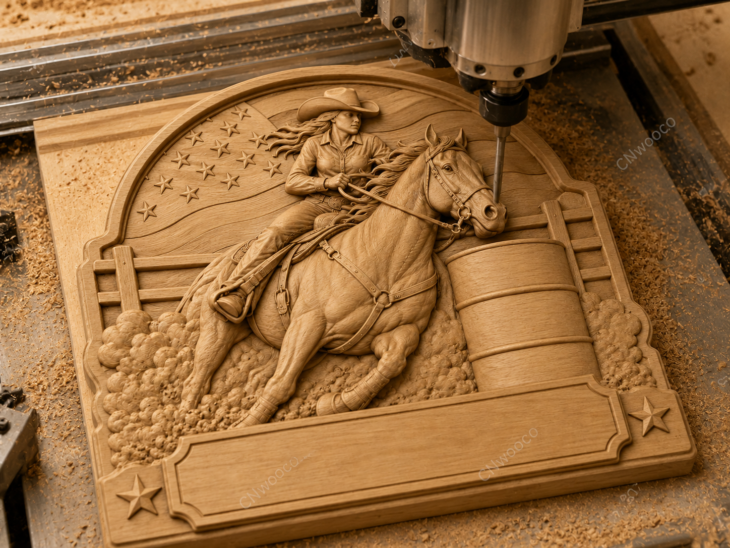 CNC & impression 3D relief cowgirl barrel racing à personnaliser, cheval western, STL très haute qualité