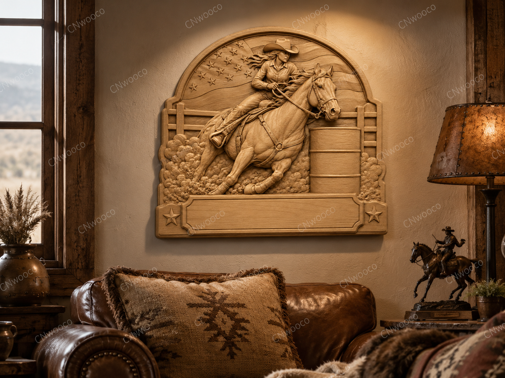 CNC & impression 3D relief cowgirl barrel racing à personnaliser, cheval western, STL très haute qualité