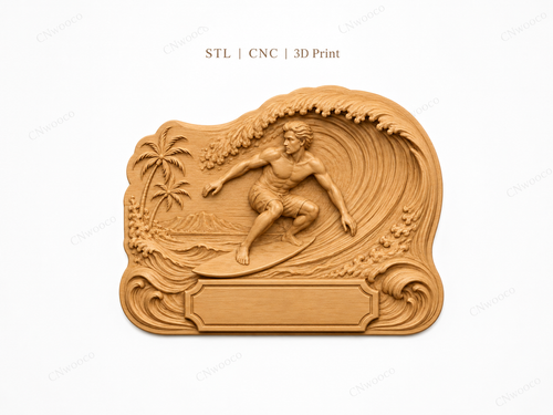CNC & impression 3D relief surfeur vague tropicale à personnaliser, déco surf plage, STL très haute qualité