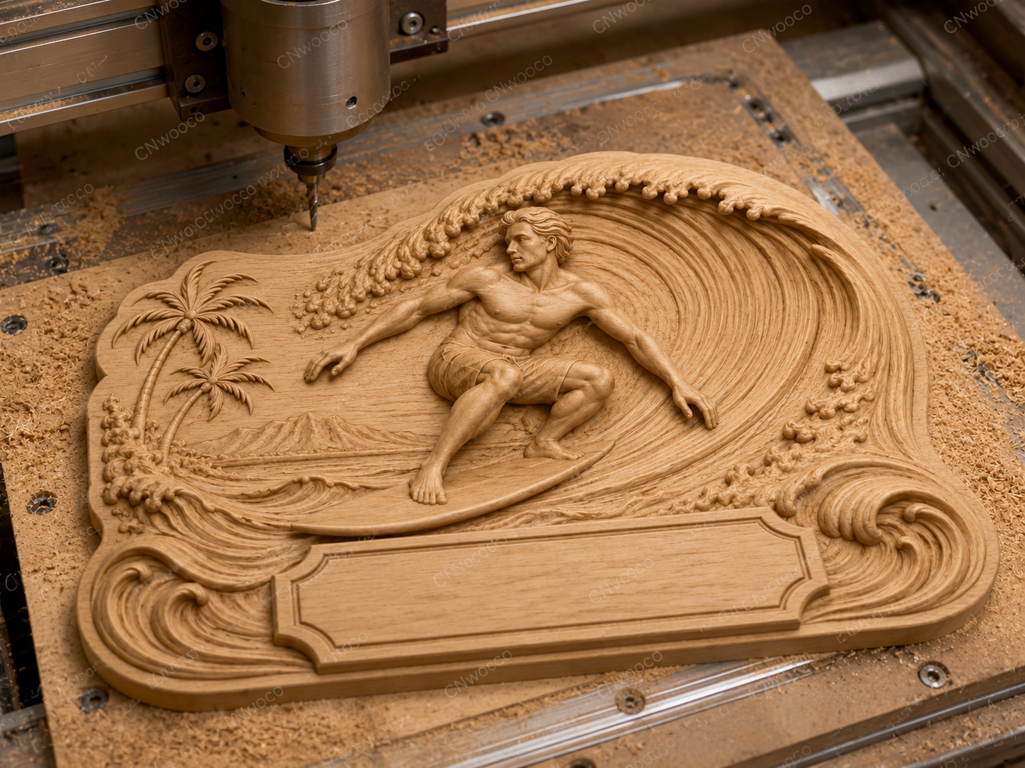 CNC & impression 3D relief surfeur vague tropicale à personnaliser, déco surf plage, STL très haute qualité