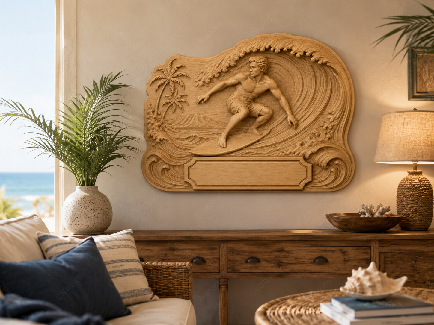 CNC & impression 3D relief surfeur vague tropicale à personnaliser, déco surf plage, STL très haute qualité