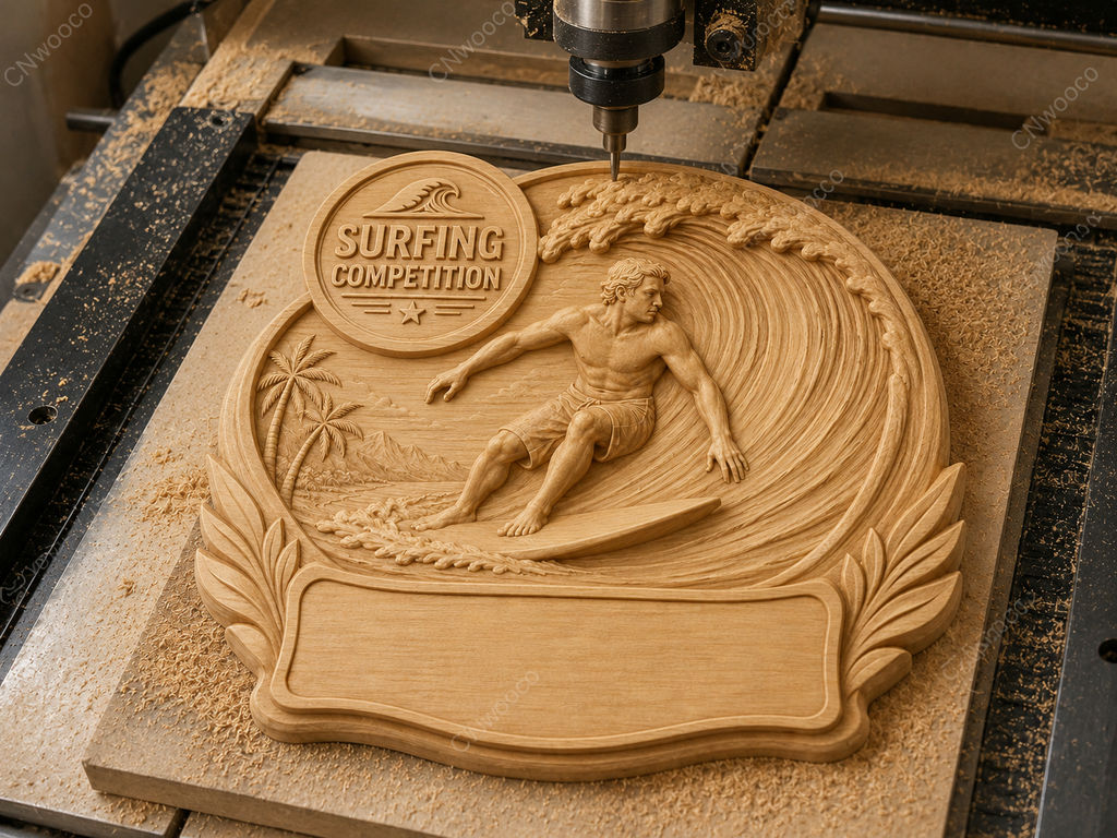CNC & impression 3D relief surf compétition à personnaliser, trophée surfer plage, STL très haute qualité