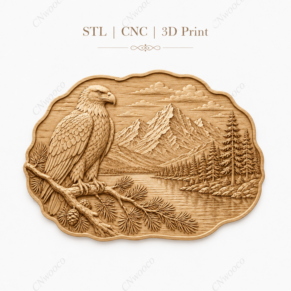 Relief aigle montagne et lac CNC & impression 3D, fichier STL décoration murale nature, STL de très haute qualité