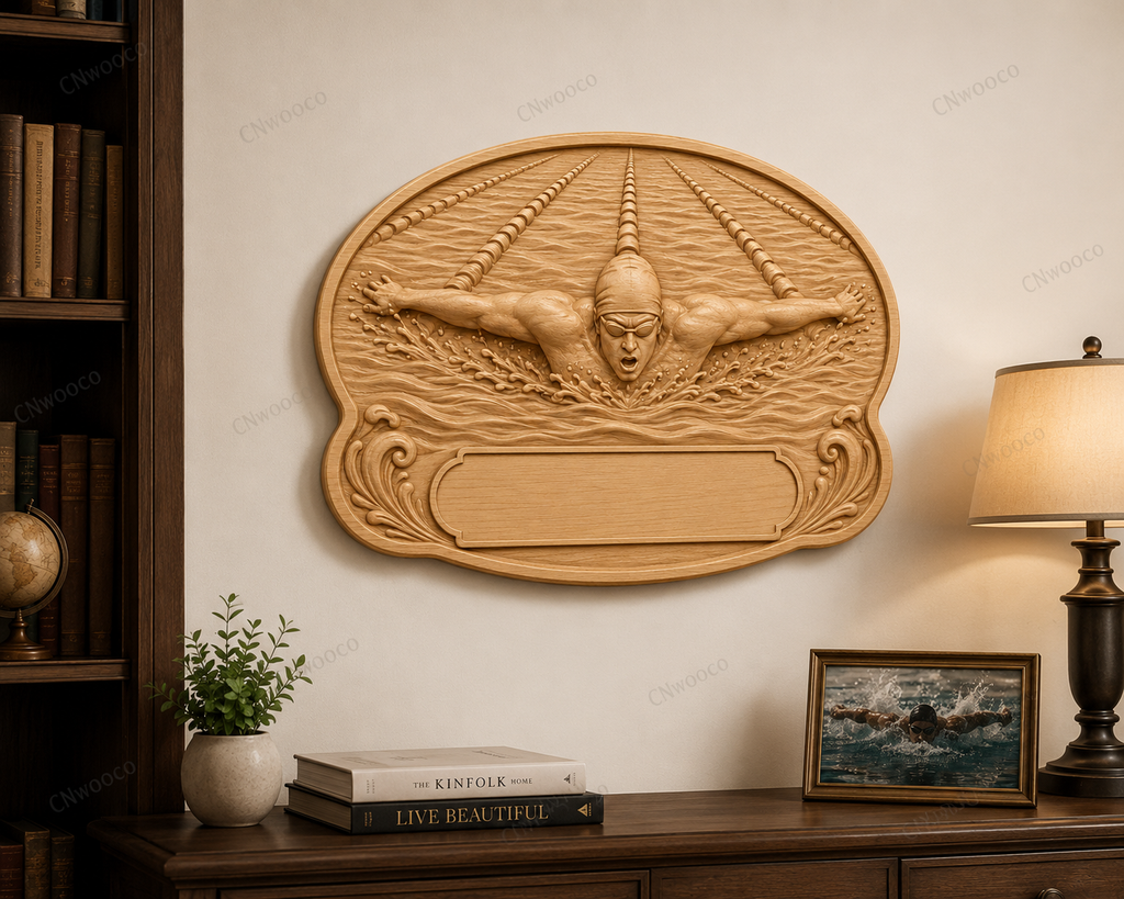 Relief natation nageur avec plaque personnalisable, CNC & impression 3D, fichier STL de très haute qualité