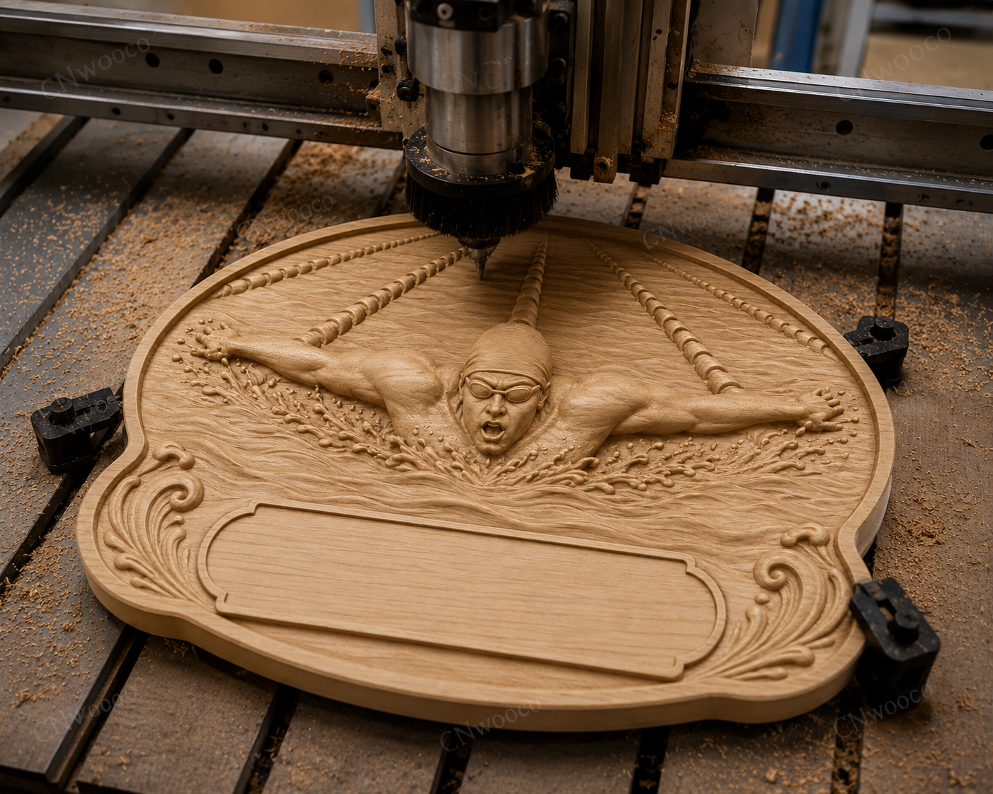 Relief natation nageur avec plaque personnalisable, CNC & impression 3D, fichier STL de très haute qualité
