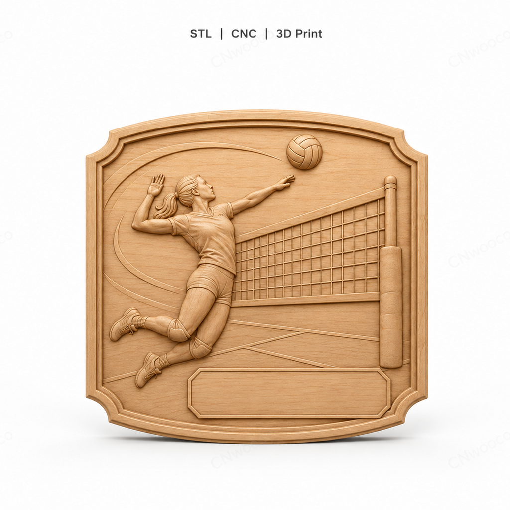 CNC & impression 3D relief volleyball joueuse à personnaliser, trophée sport plaque murale bois, fichier STL très haute qualité