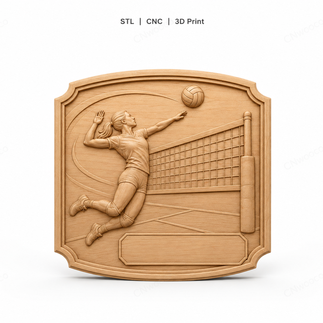CNC & impression 3D relief volleyball joueuse à personnaliser, trophée sport plaque murale bois, fichier STL très haute qualité