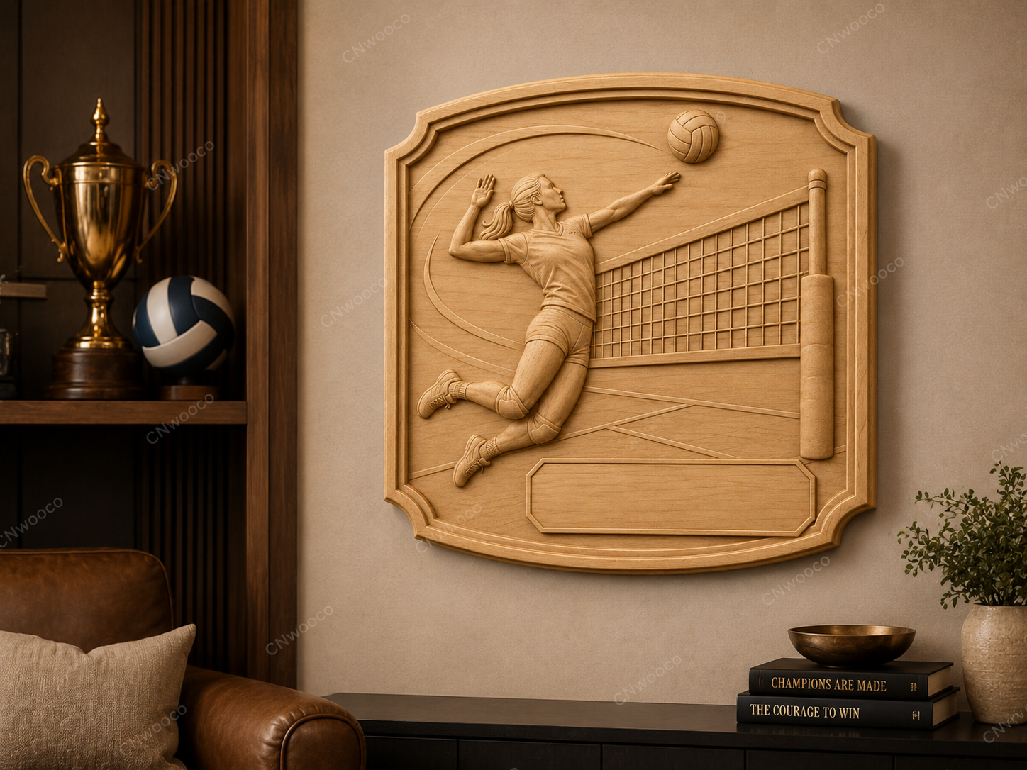 CNC & impression 3D relief volleyball joueuse à personnaliser, trophée sport plaque murale bois, fichier STL très haute qualité