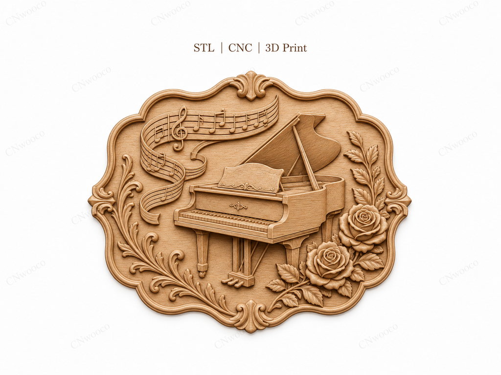 CNC & impression 3D relief piano floral avec notes de musique, décoration murale sculpture bois STL très haute qualité