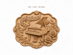 CNC & impression 3D relief piano floral avec notes de musique, décoration murale sculpture bois STL très haute qualité