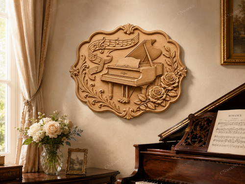 CNC & impression 3D relief piano floral avec notes de musique, décoration murale sculpture bois STL très haute qualité