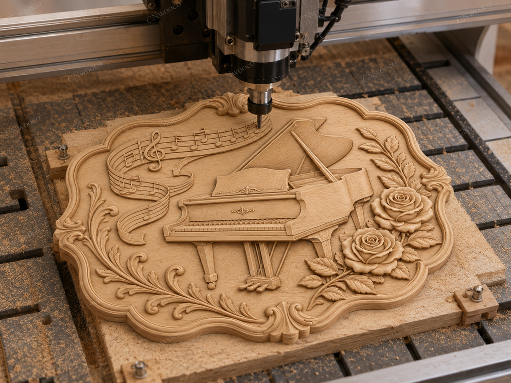 CNC & impression 3D relief piano floral avec notes de musique, décoration murale sculpture bois STL très haute qualité
