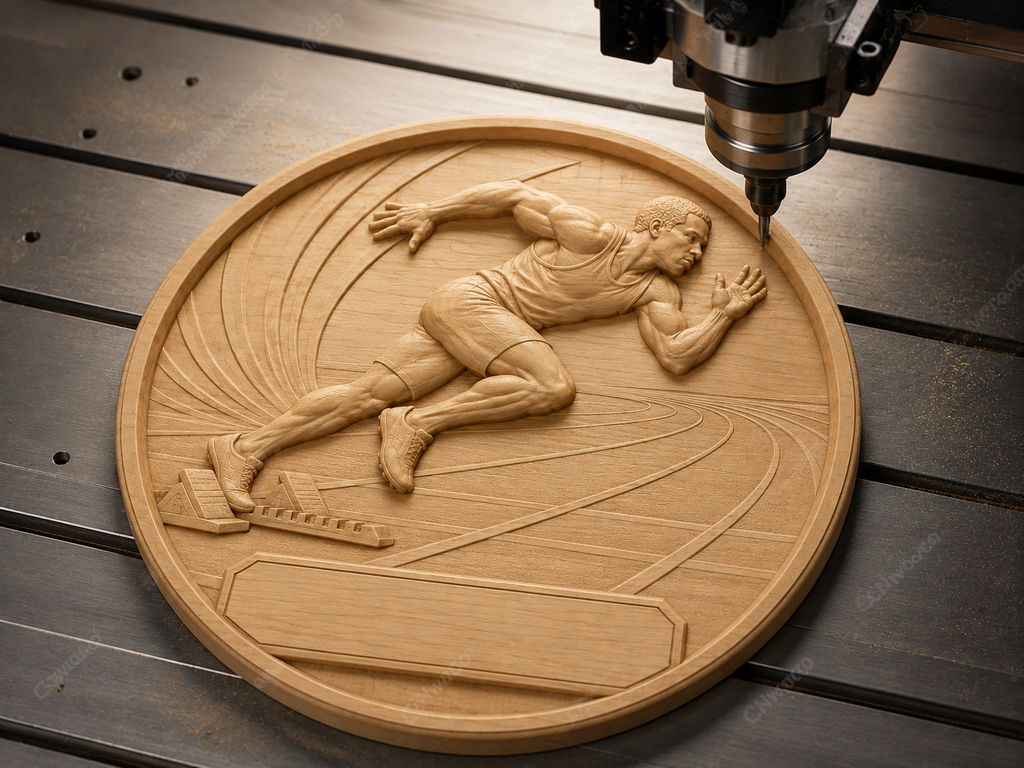 CNC & impression 3D relief sprinter athlétisme, coureur sur piste, médaille sportive avec plaque, fichier STL