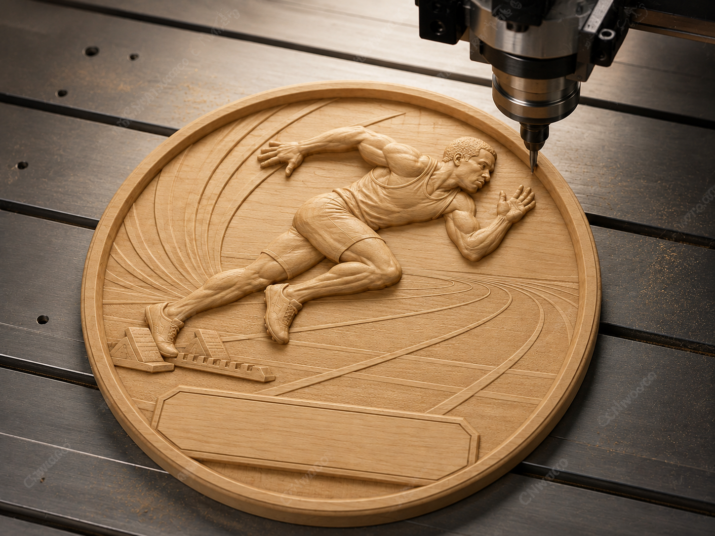 CNC & impression 3D relief sprinter athlétisme, coureur sur piste, médaille sportive avec plaque, fichier STL