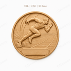 CNC & impression 3D relief sprinter athlétisme, coureur sur piste, médaille sportive avec plaque, fichier STL