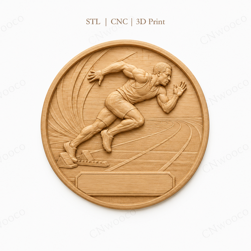 CNC & impression 3D relief sprinter athlétisme, coureur sur piste, médaille sportive avec plaque, fichier STL