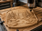 CNC & impression 3D relief cascade de montagne, sapins, rochers et rivière, sculpture bois fichier STL