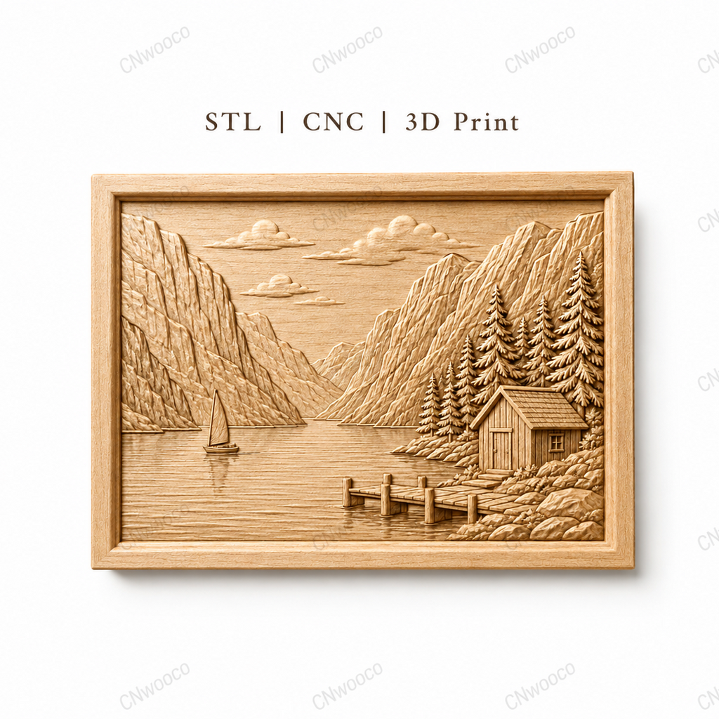 CNC & impression 3D relief paysage alpin, lac, chalet, voilier et montagnes, sculpture bois fichier STL