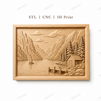 CNC & impression 3D relief paysage alpin, lac, chalet, voilier et montagnes, sculpture bois fichier STL
