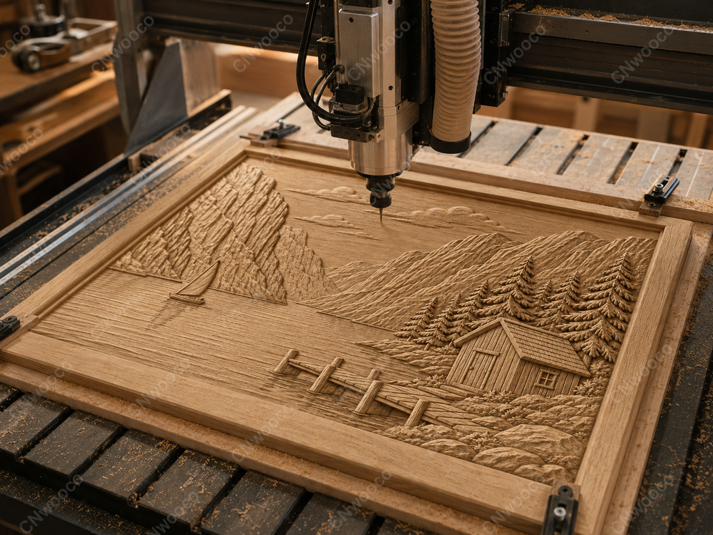 CNC & impression 3D relief paysage alpin, lac, chalet, voilier et montagnes, sculpture bois fichier STL