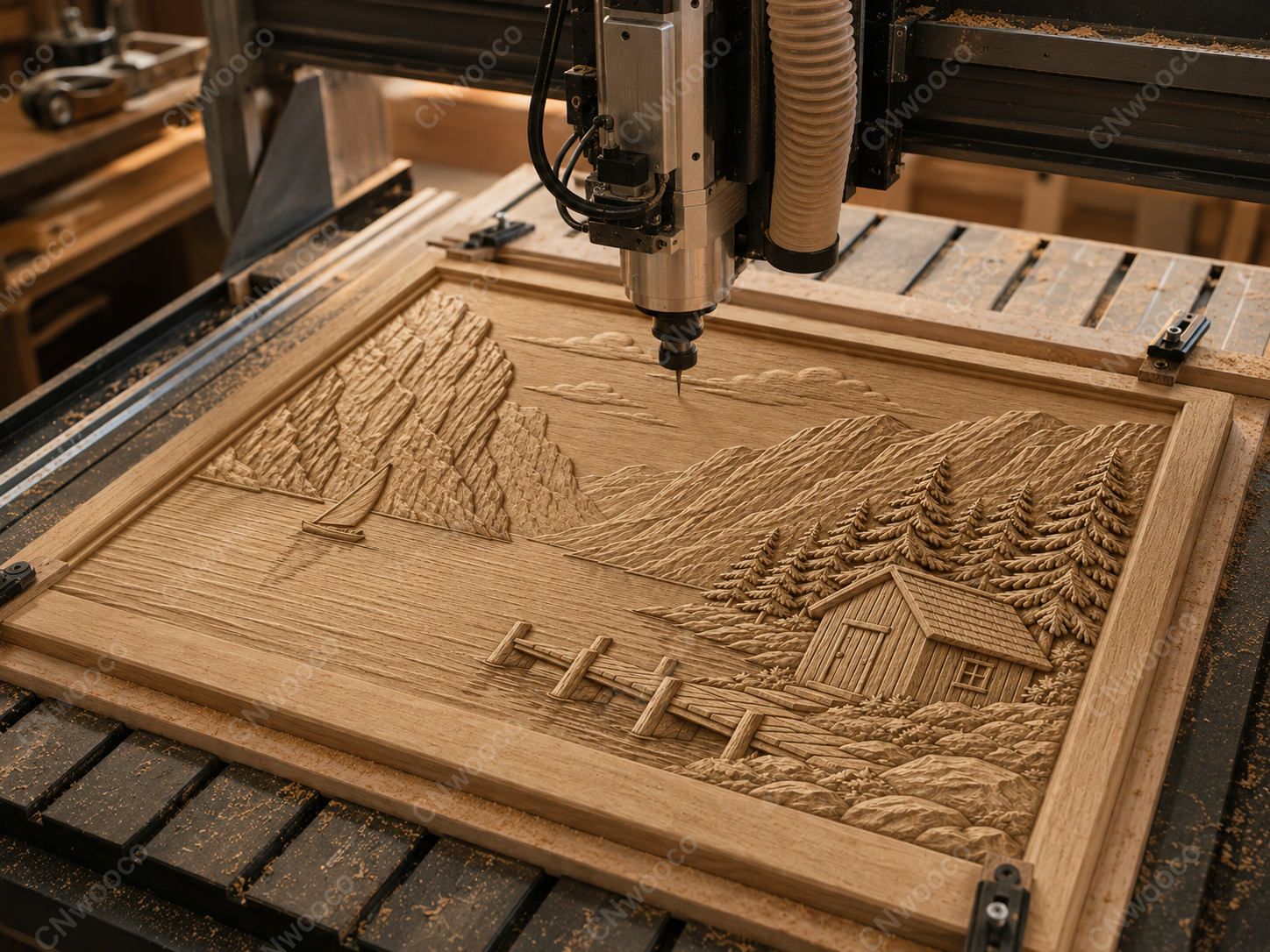 CNC & impression 3D relief paysage alpin, lac, chalet, voilier et montagnes, sculpture bois fichier STL