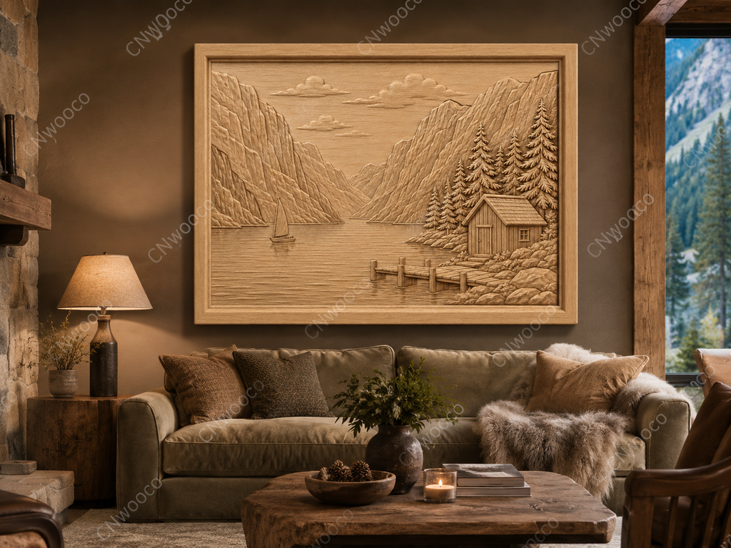 CNC & impression 3D relief paysage alpin, lac, chalet, voilier et montagnes, sculpture bois fichier STL