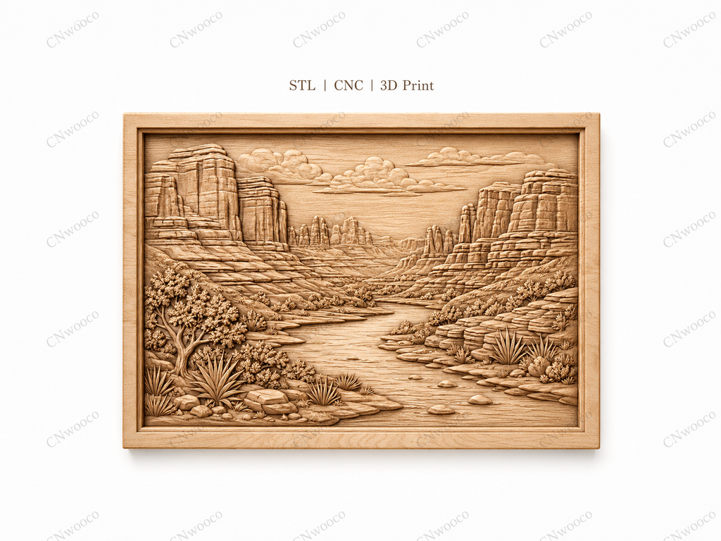 CNC & impression 3D relief canyon désertique, rivière, falaises et paysage western, sculpture bois fichier STL