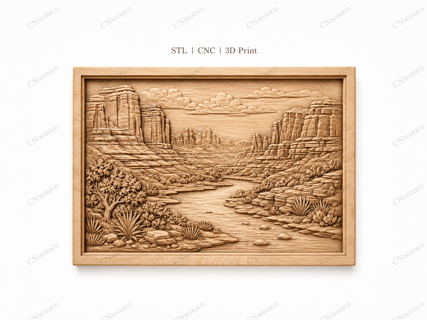 CNC & impression 3D relief canyon désertique, rivière, falaises et paysage western, sculpture bois fichier STL