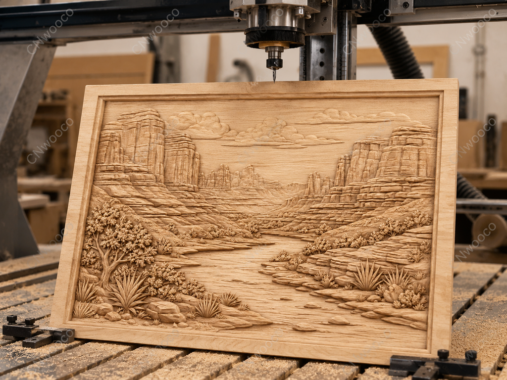CNC & impression 3D relief canyon désertique, rivière, falaises et paysage western, sculpture bois fichier STL