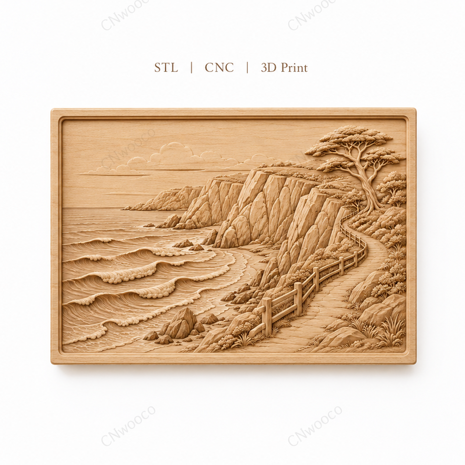 CNC & impression 3D relief paysage côtier, falaises, vagues et sentier bord de mer, sculpture bois fichier STL