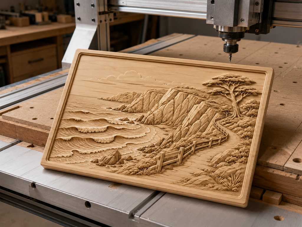 CNC & impression 3D relief paysage côtier, falaises, vagues et sentier bord de mer, sculpture bois fichier STL