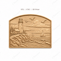CNC & impression 3D relief phare côtier, voiliers, rochers et mer, sculpture bois fichier STL de haute qualité