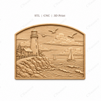 CNC & impression 3D relief phare côtier, voiliers, rochers et mer, sculpture bois fichier STL de haute qualité