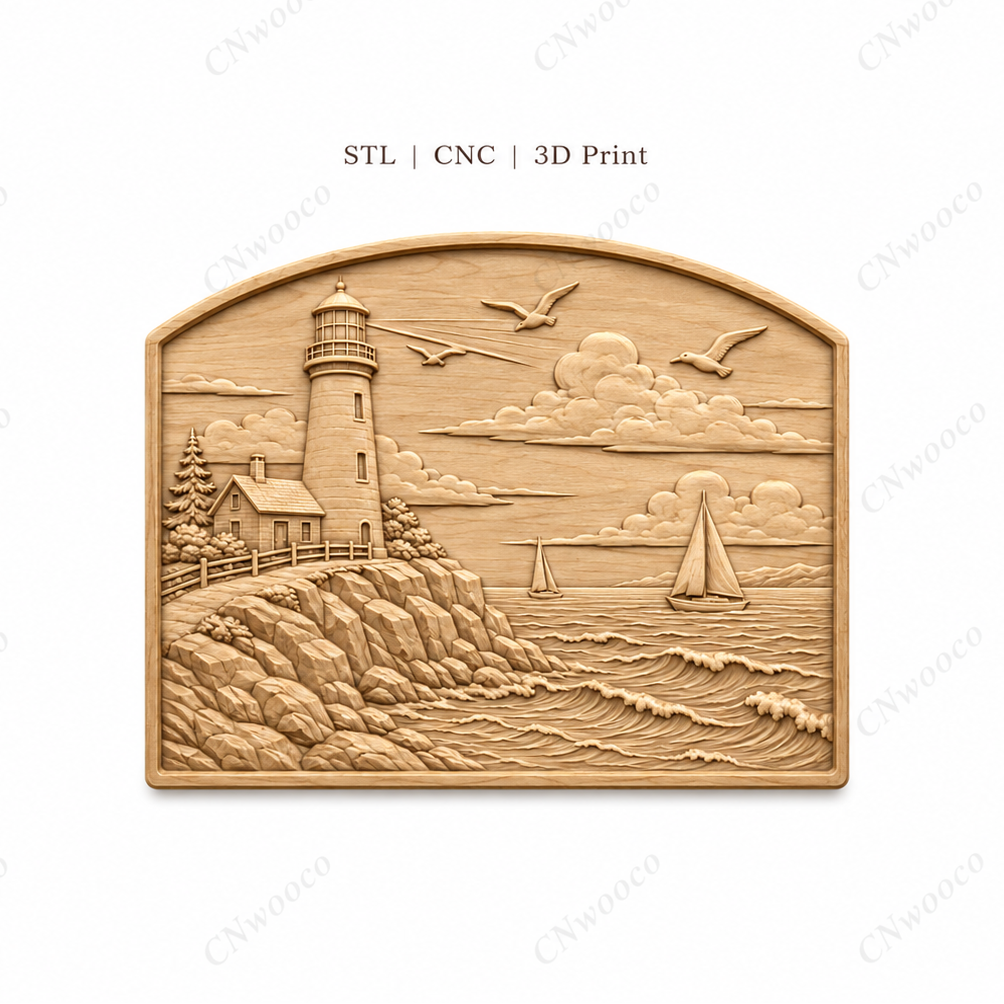 CNC & impression 3D relief phare côtier, voiliers, rochers et mer, sculpture bois fichier STL de haute qualité