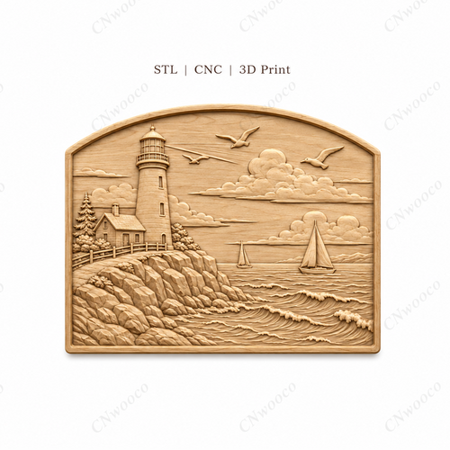 CNC & impression 3D relief phare côtier, voiliers, rochers et mer, sculpture bois fichier STL de haute qualité