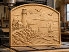 CNC & impression 3D relief phare côtier, voiliers, rochers et mer, sculpture bois fichier STL de haute qualité