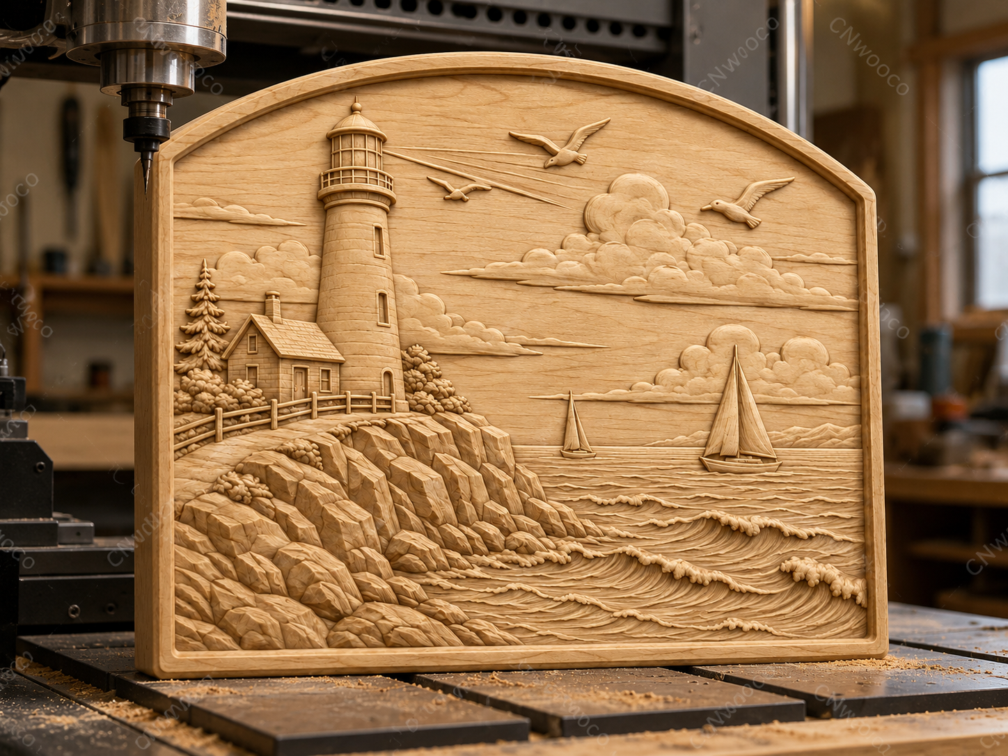 CNC & impression 3D relief phare côtier, voiliers, rochers et mer, sculpture bois fichier STL de haute qualité