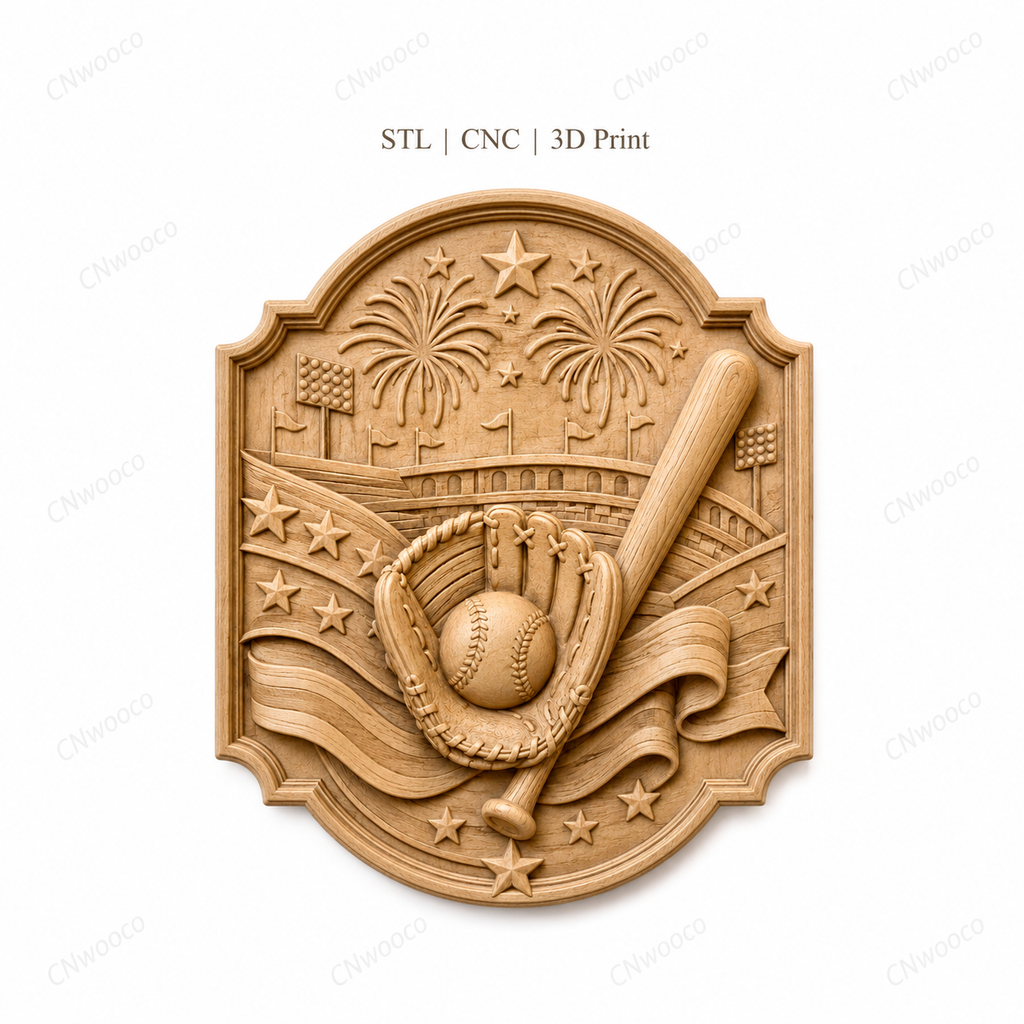 CNC & impression 3D relief baseball, gant, batte, balle, stade et feux d’artifice, sculpture bois fichier STL de haute qualité