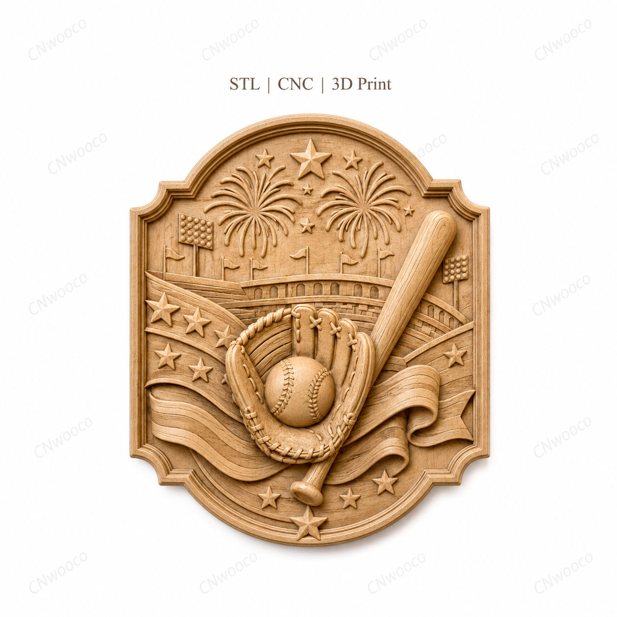 CNC & impression 3D relief baseball, gant, batte, balle, stade et feux d’artifice, sculpture bois fichier STL de haute qualité
