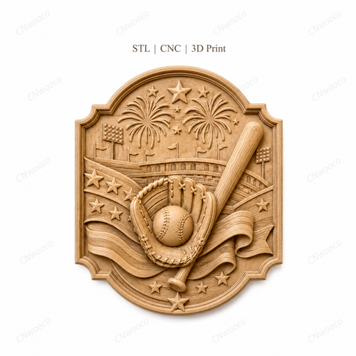 CNC & impression 3D relief baseball, gant, batte, balle, stade et feux d’artifice, sculpture bois fichier STL de haute qualité