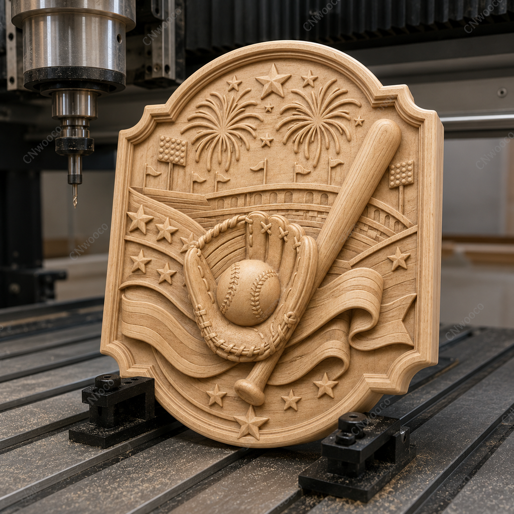 CNC & impression 3D relief baseball, gant, batte, balle, stade et feux d’artifice, sculpture bois fichier STL de haute qualité