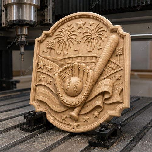 CNC & impression 3D relief baseball, gant, batte, balle, stade et feux d’artifice, sculpture bois fichier STL de haute qualité