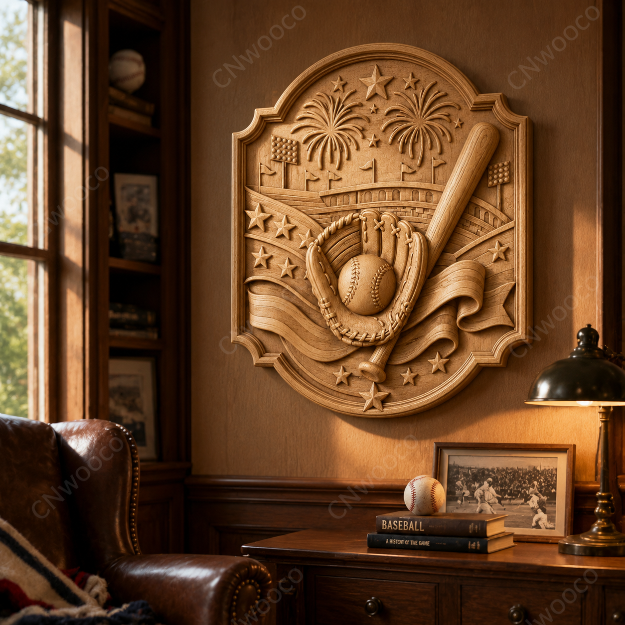 CNC & impression 3D relief baseball, gant, batte, balle, stade et feux d’artifice, sculpture bois fichier STL de haute qualité