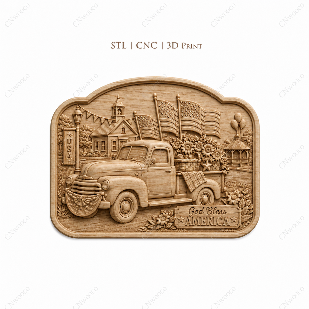 CNC & impression 3D relief God Bless America, pickup vintage, drapeaux USA et fleurs, sculpture bois fichier STL de haute qualité
