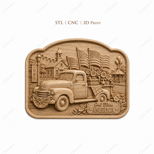 CNC & impression 3D relief God Bless America, pickup vintage, drapeaux USA et fleurs, sculpture bois fichier STL de haute qualité