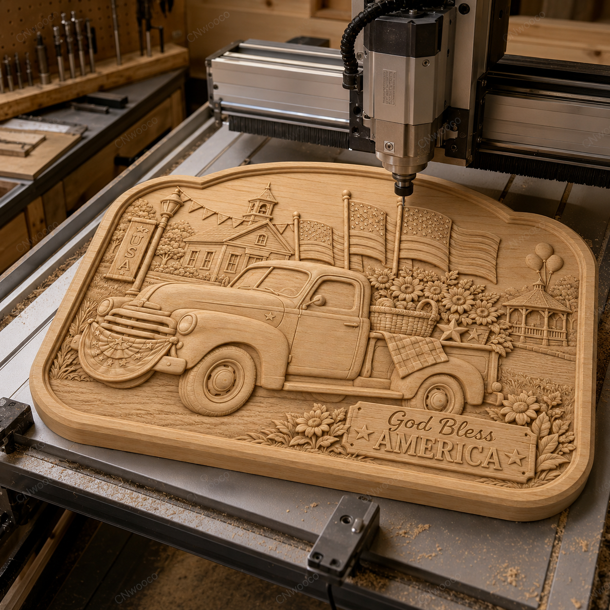 CNC & impression 3D relief God Bless America, pickup vintage, drapeaux USA et fleurs, sculpture bois fichier STL de haute qualité