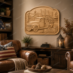 CNC & impression 3D relief God Bless America, pickup vintage, drapeaux USA et fleurs, sculpture bois fichier STL de haute qualité