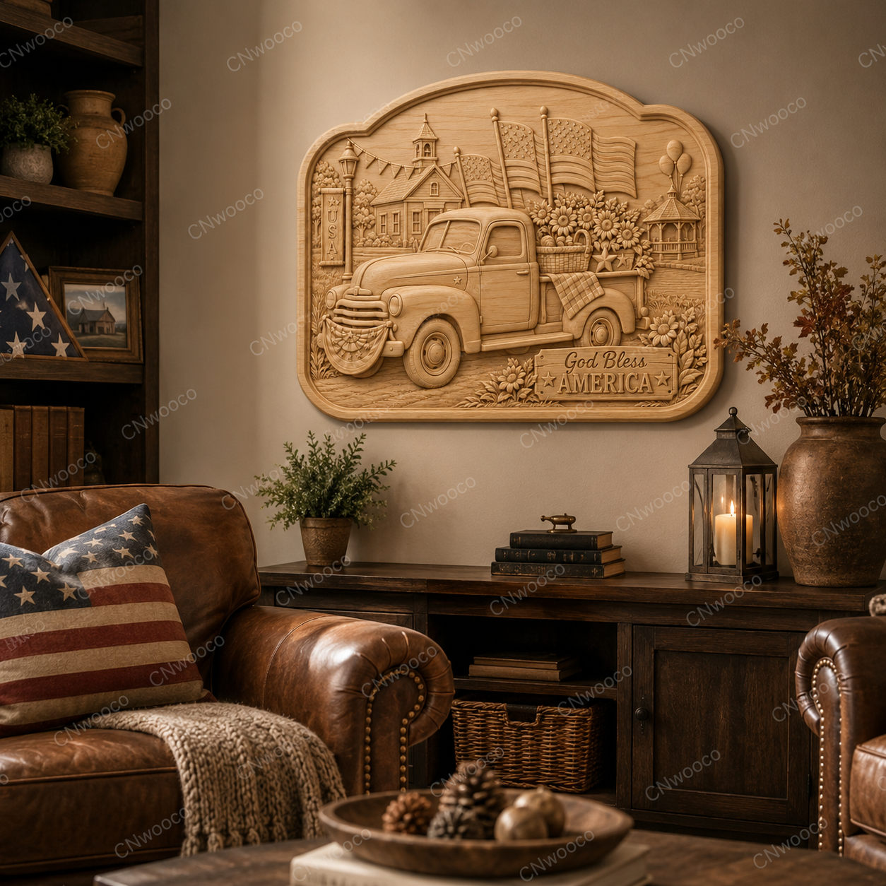 CNC & impression 3D relief God Bless America, pickup vintage, drapeaux USA et fleurs, sculpture bois fichier STL de haute qualité