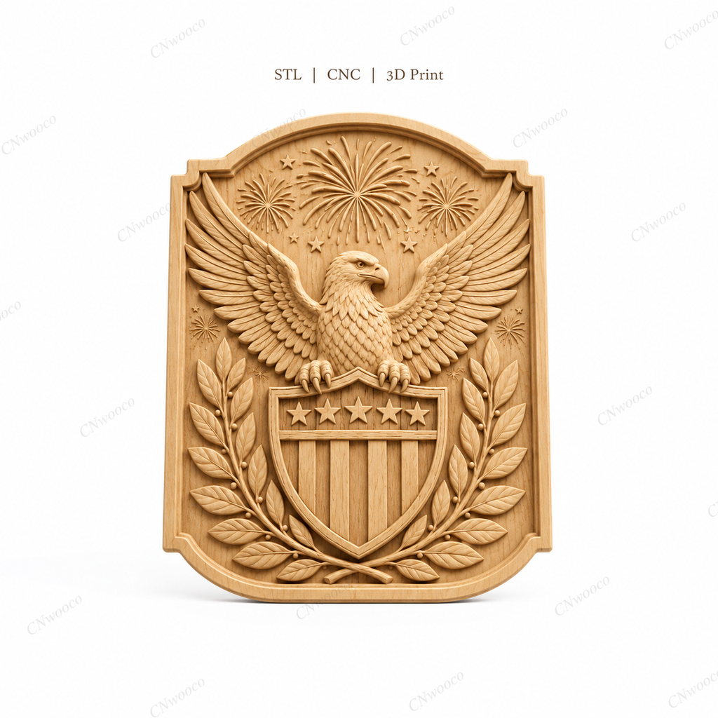 CNC & impression 3D relief aigle américain, blason USA, étoiles et feux d’artifice, sculpture bois fichier STL haute qualité